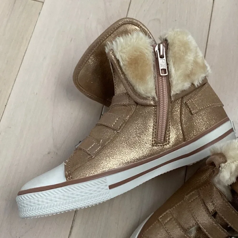 Ash girls Vava shearling gold shimmer sneakers 33